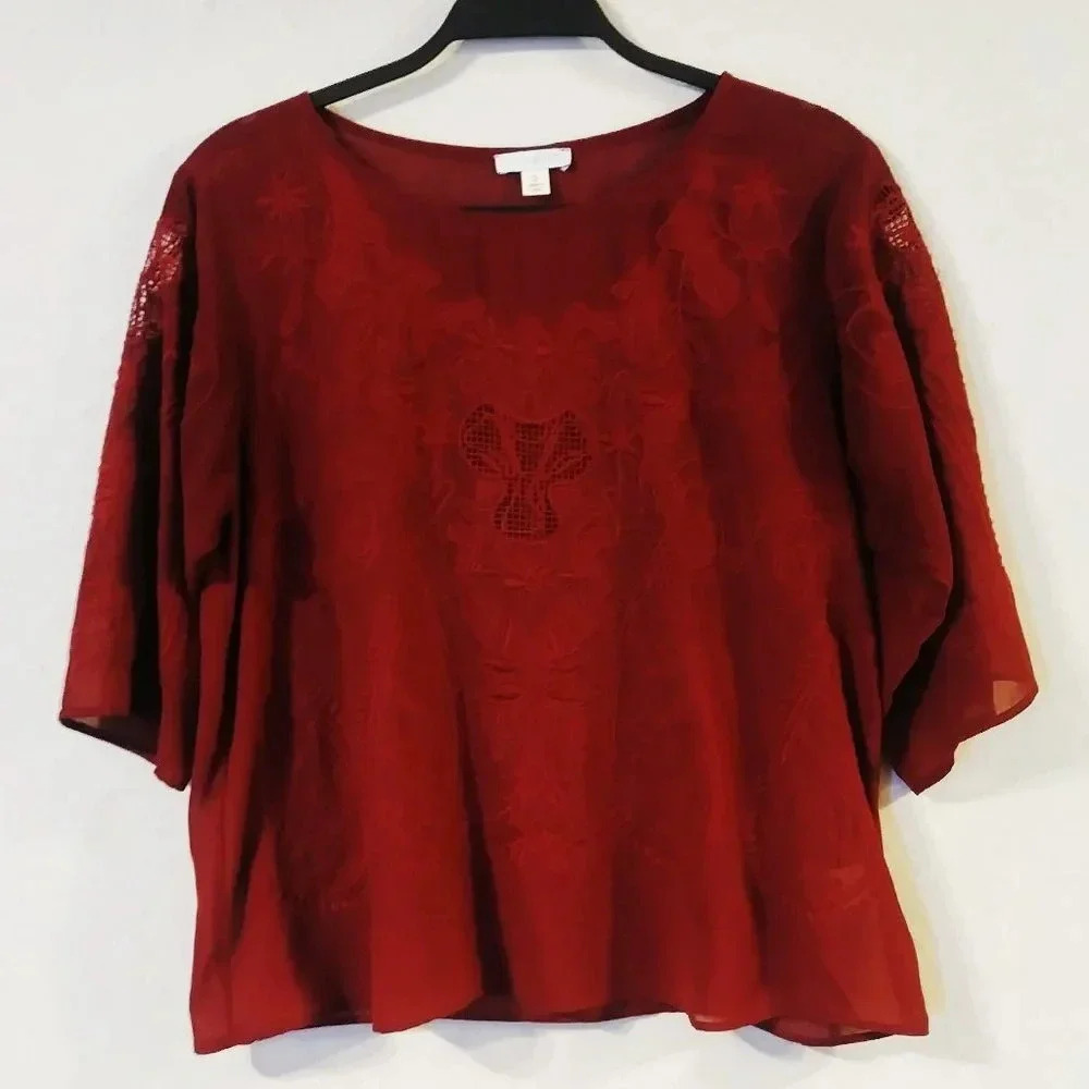 Jun & Ivy Burgundy Eyelet Sheer Blouse‎